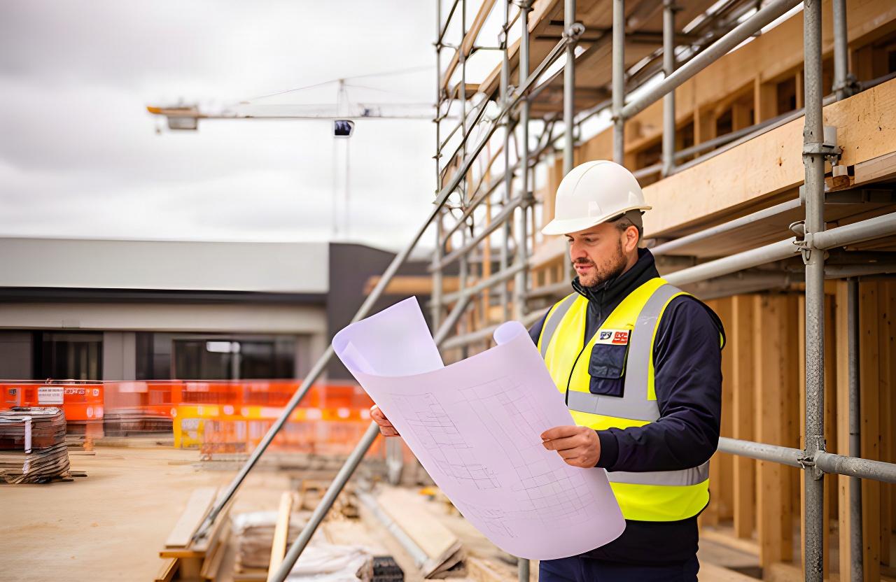Construction site manager reviewing building plans beside scaffolding at a commercial property site